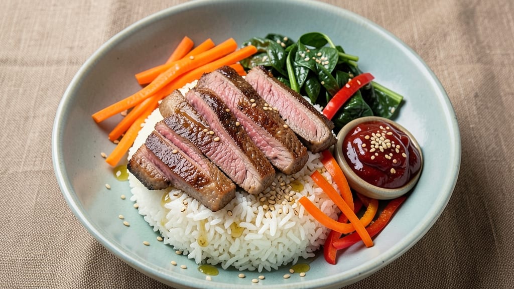 Beef Bibimbap Bowl Recipe: Crispy Fried Egg Topped with Spicy Gochujang Sauce
