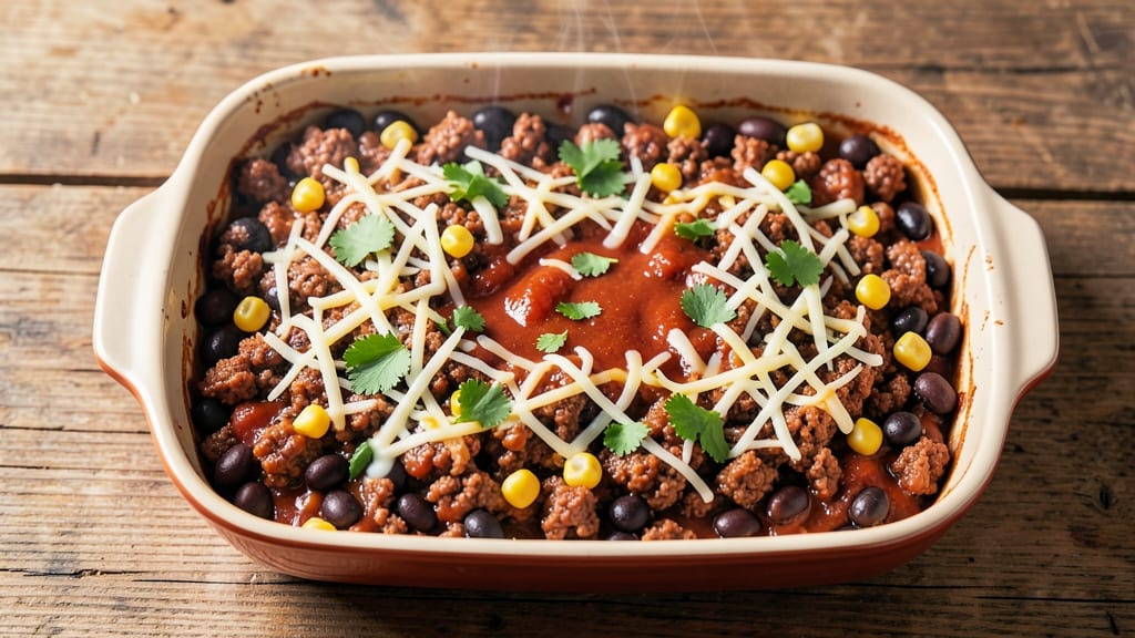 Beef and Bean Taco Casserole Recipe: Crispy Tortilla Crowns With Melty Cheese Rivers