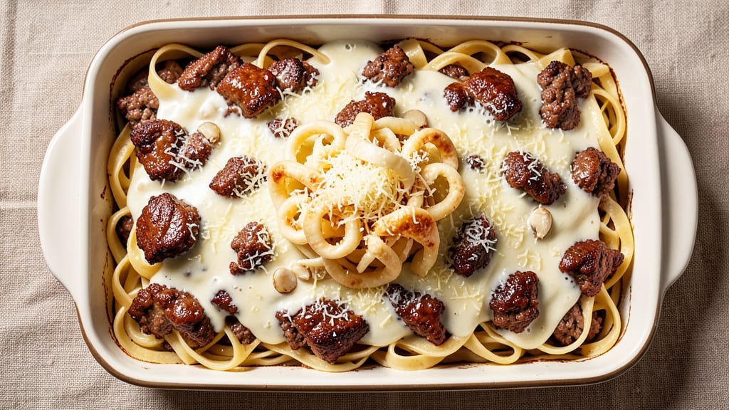 Beef Alfredo Casserole Recipe: Cheesy Pasta Layers Baked to Bubbly Perfection