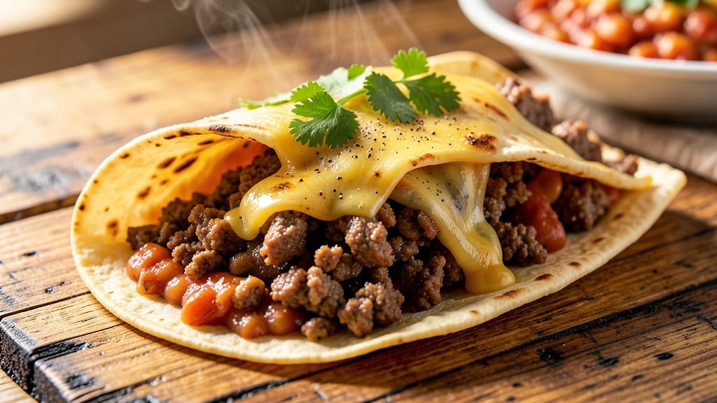 Beef and Refried Bean Burrito Recipe: Crispy Tortilla Shells With Melted Cheese Rivers
