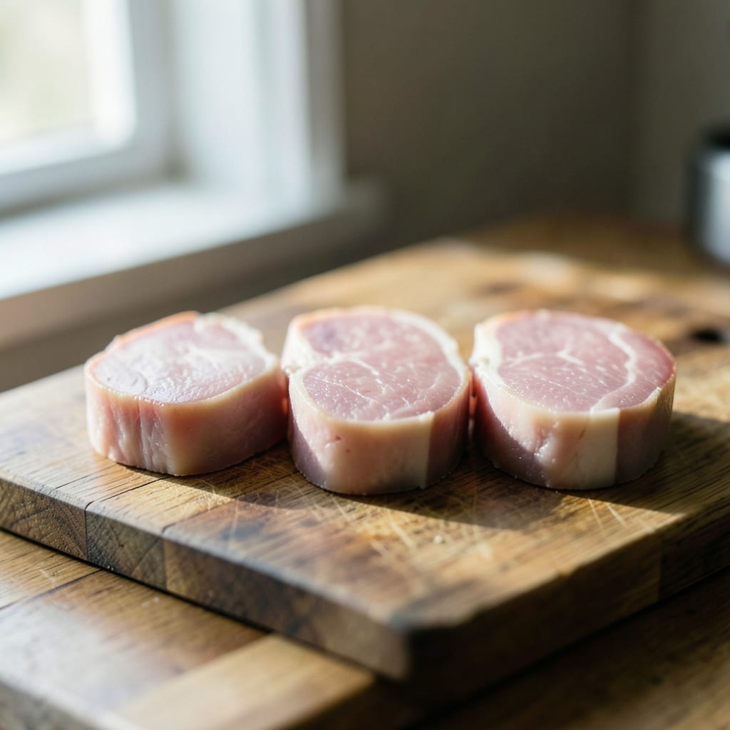 Three chops of different thickness, ready to be tested