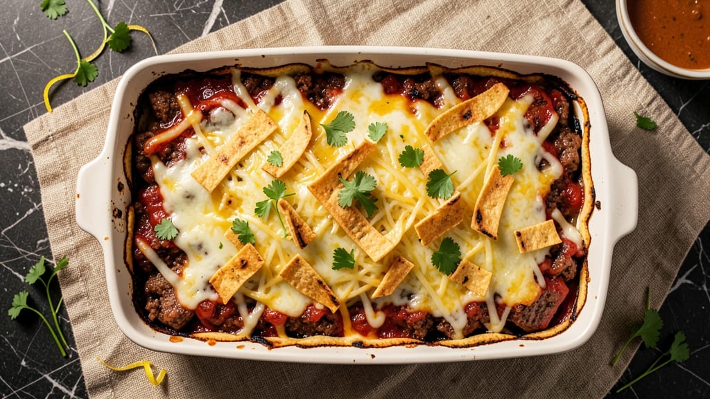 Beef and Cheese Enchilada Casserole Recipe: Crispy Tortilla Layers with Gooey Melting Cheese