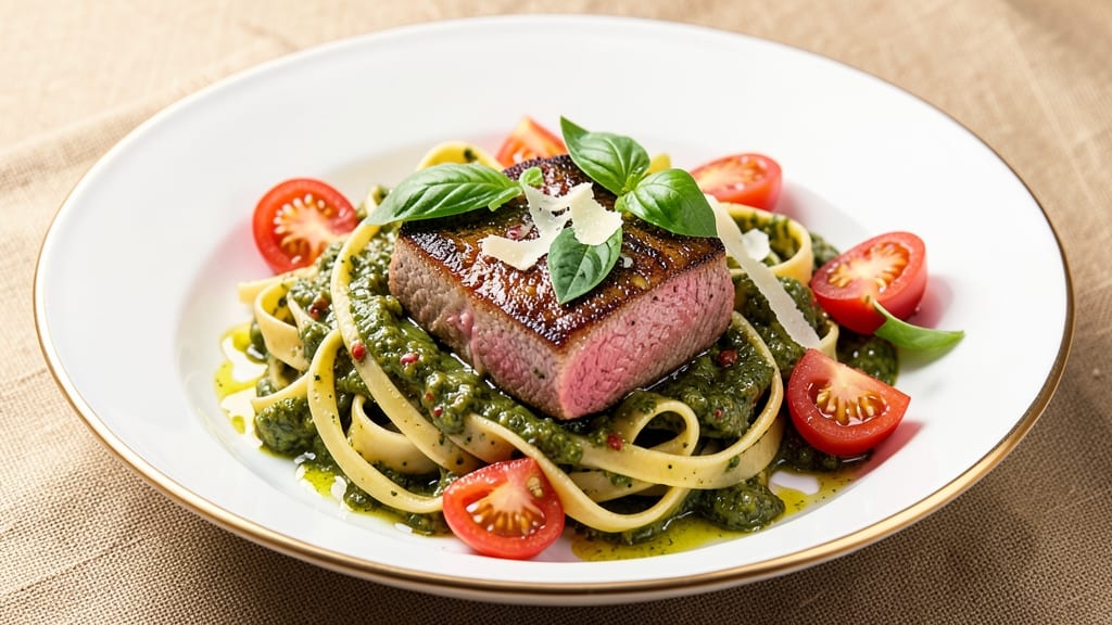 Beef Basil Pesto Pasta Recipe: Rich Tomato-Basil Sauce with Tender Beef