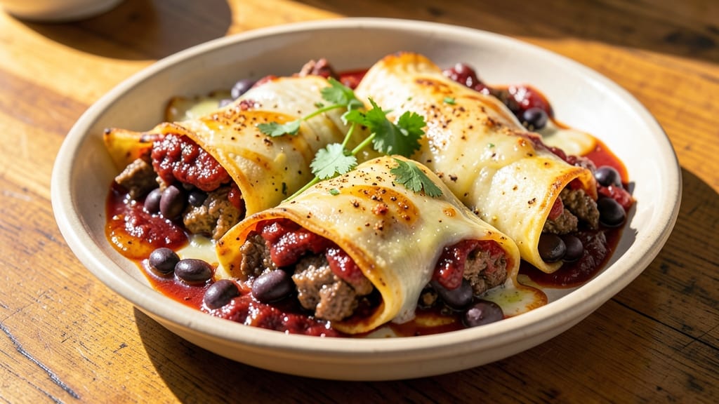 Beef and Black Bean Enchiladas Recipe: Spiced Tortilla Layers with Melted Cheese Rivers