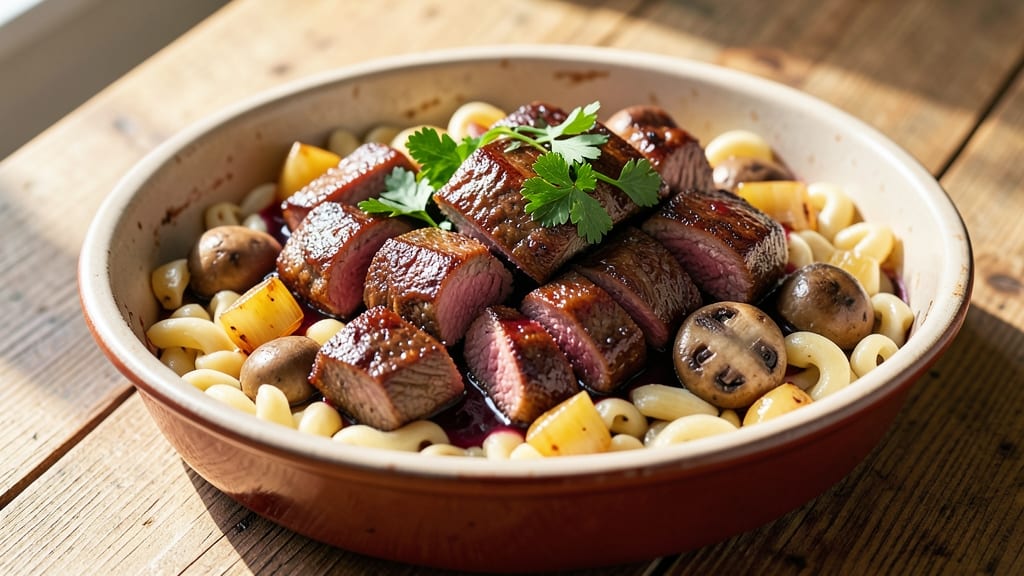 Beef and Spaetzle Recipe: Crispy Noodles Hugging Juicy Beef Bites