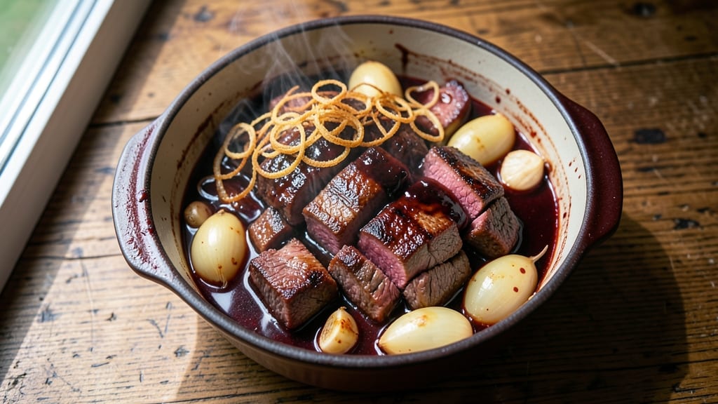 A1 Beef Stew Recipe: Deep-Red Wine Braise With Caramelized Onions and Potatoes